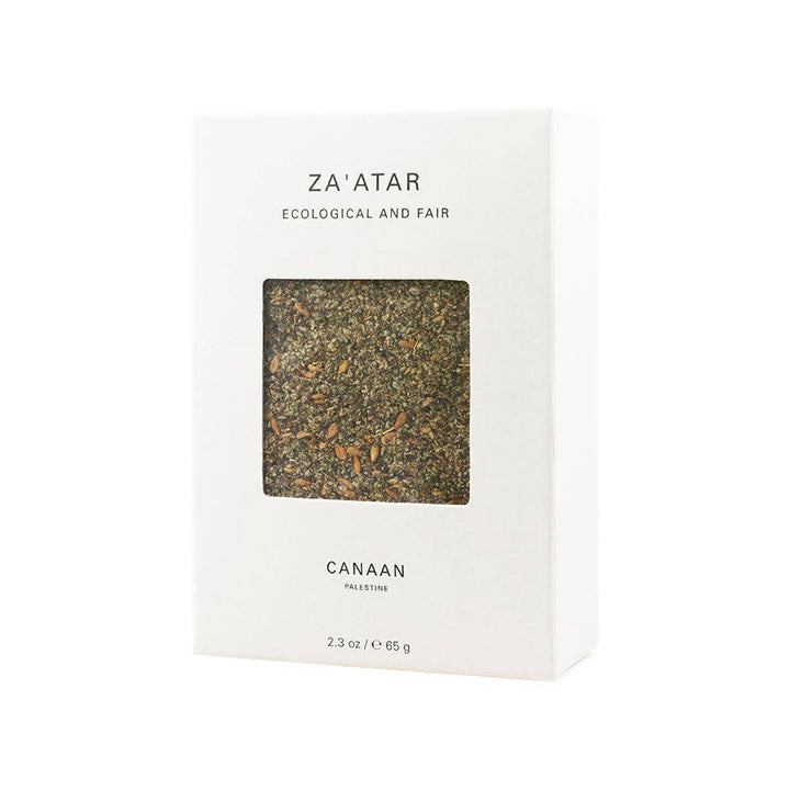 Packaging of Canaan Palestine Za'atar with a clear window showing the dried spice mix inside.