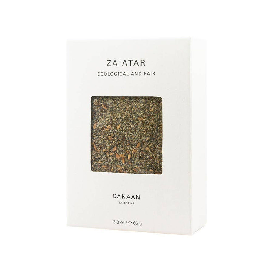 Packaging of Canaan Palestine Za'atar with a clear window showing the dried spice mix inside.
