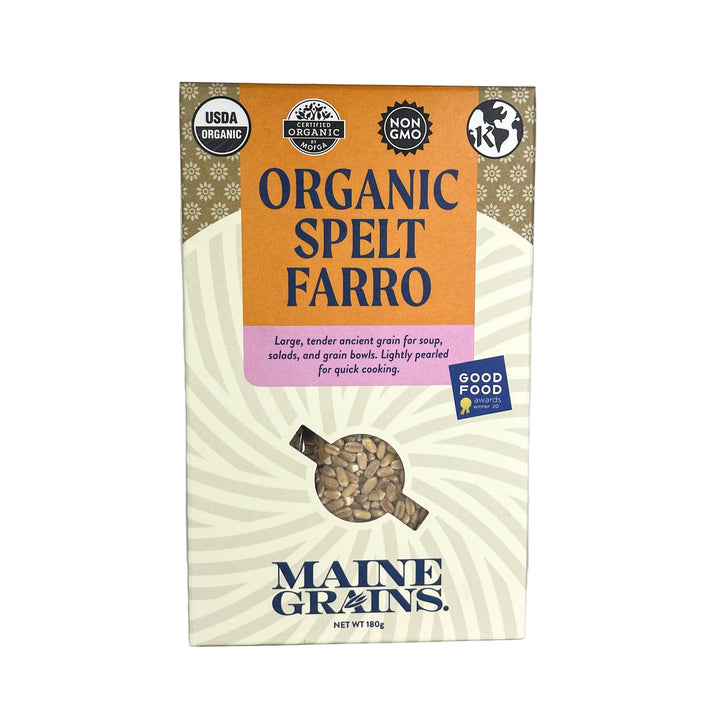 Box of Maine Grains Organic Spelt Farro with product branding and certification logos.