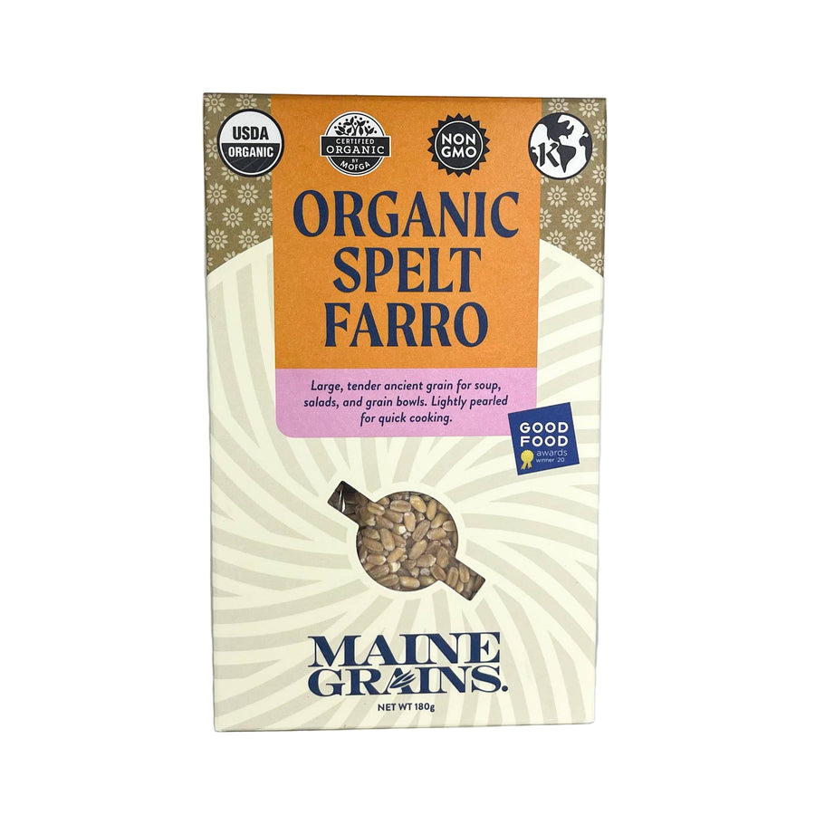 Box of Maine Grains Organic Spelt Farro with product branding and certification logos.