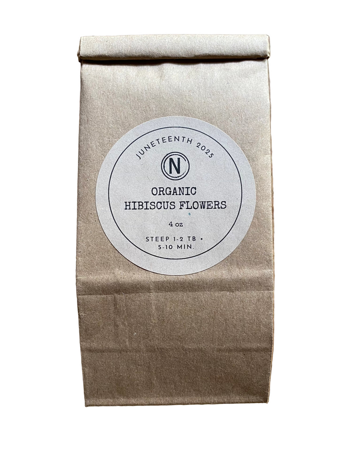 A bag of Organic Hibiscus Flowers celebrating Juneteenth